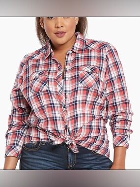 torrid Red, Navy & White Plaid Button-Down Camp Shirt Country Festival Concert